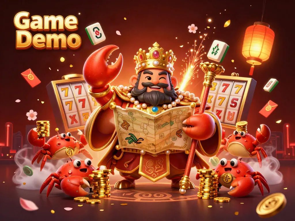 Experience gameplay excitement with Game Demo in this vibrant 3D scene featuring a golden crab emperor and dynamic casino elements.