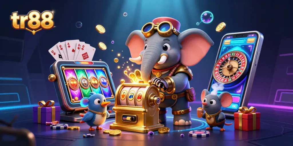 Engage with the exciting world of tr88 as the steampunk elephant operates a vibrant slot machine in a dynamic casino scene.