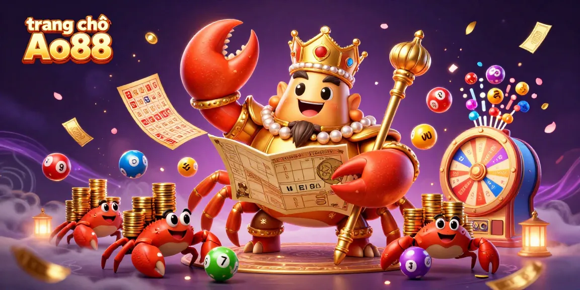 Experience the vibrant gaming world at trang chủ Ao88 with a stunning illustration of a golden crab emperor and colorful lottery elements.