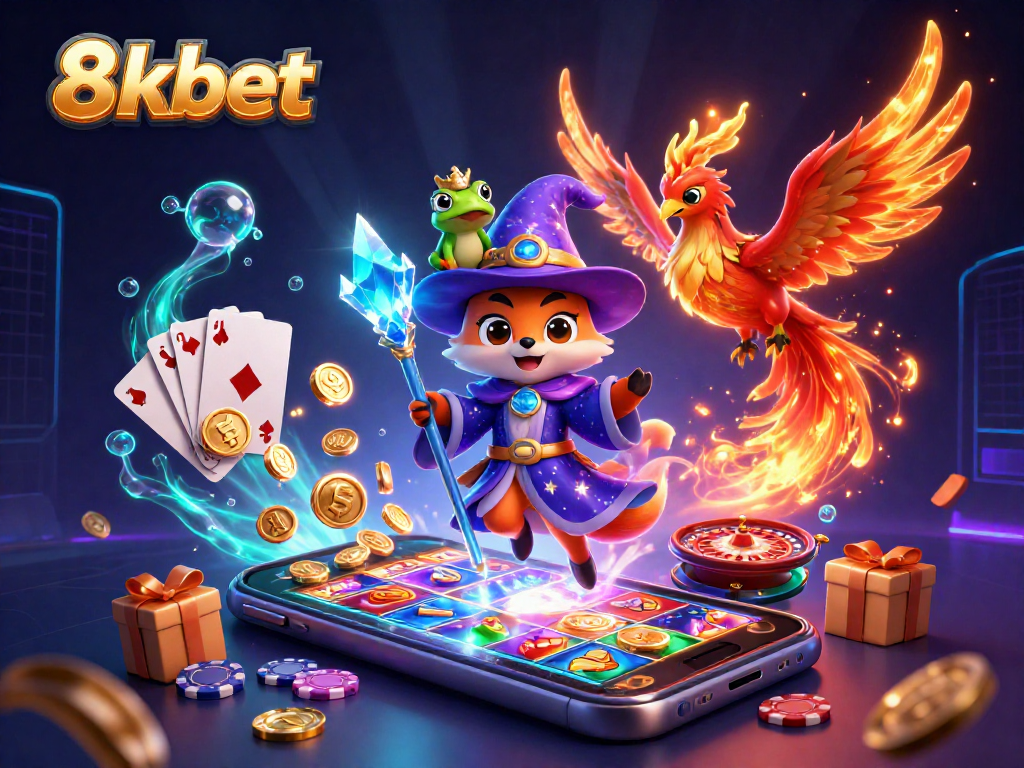 Engage with 8xbet's vibrant gaming world featuring mystical characters and dynamic casino elements.