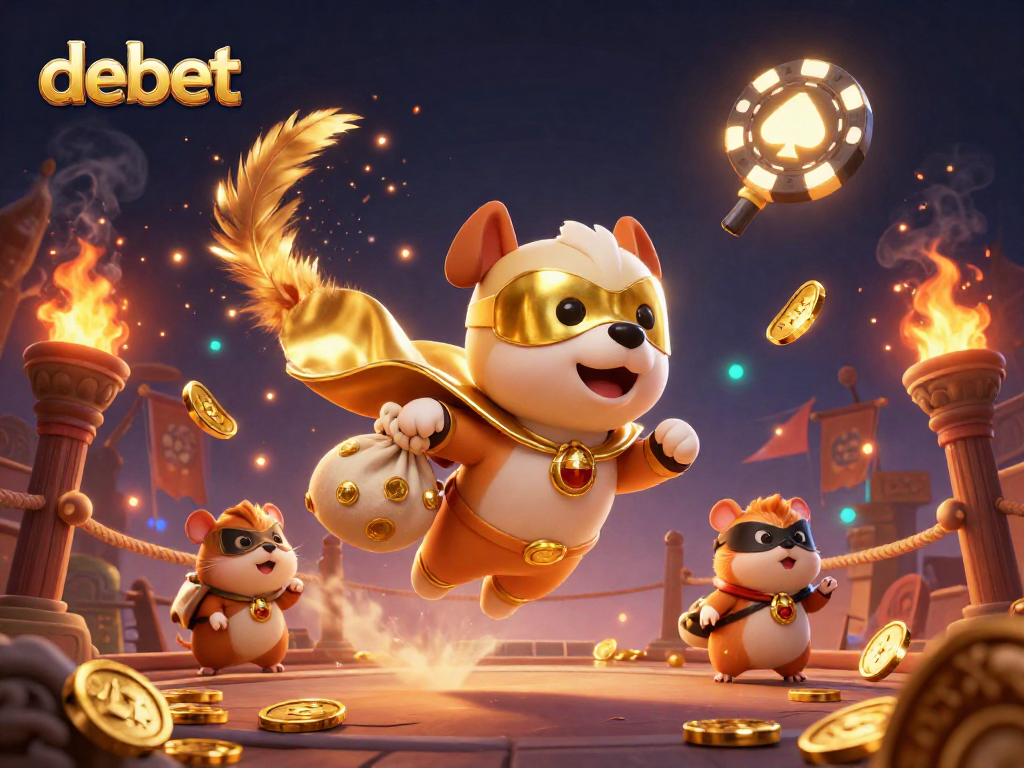 Engage in thrilling games at DEBET with a superhero dog and hamster amid gold coins and casino elements.