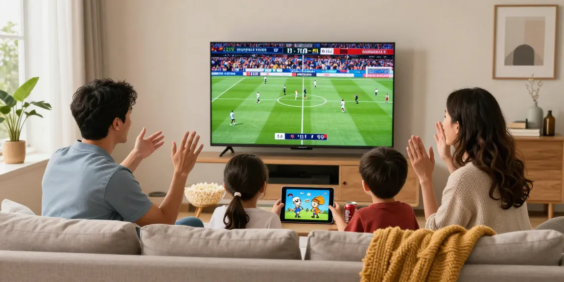 Familie genießt IPTV im modernen Wohnzimmer mit großem Fernseher.