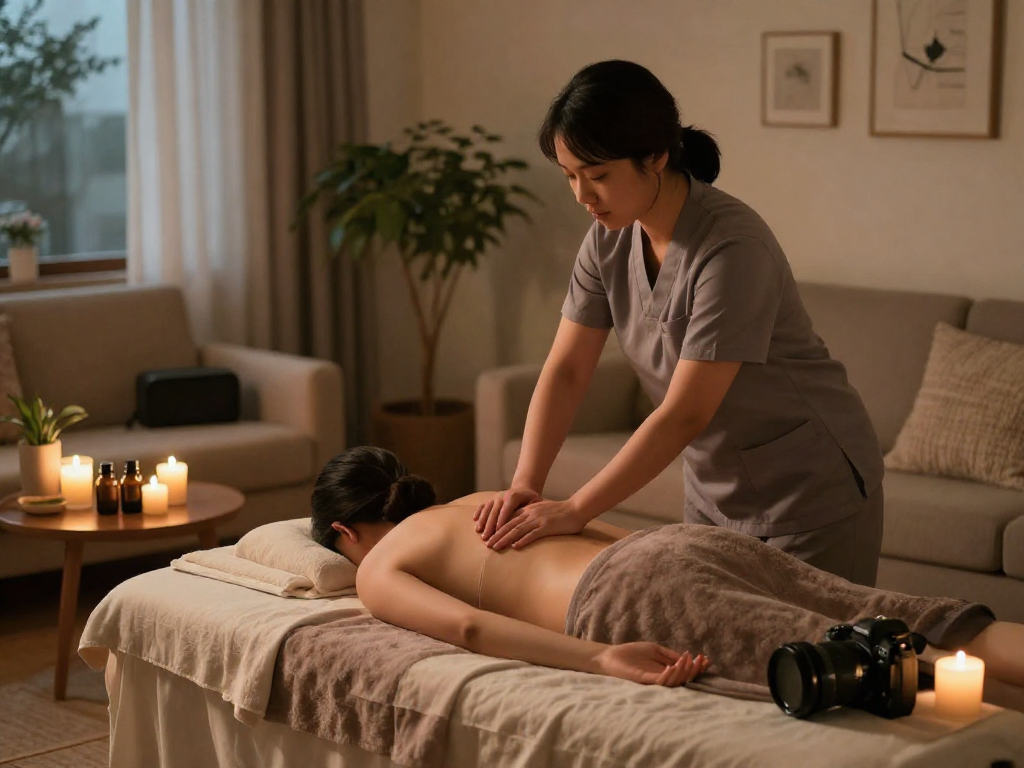 송파출장마사지 service in a cozy home setting with a professional therapist and ambient lighting.