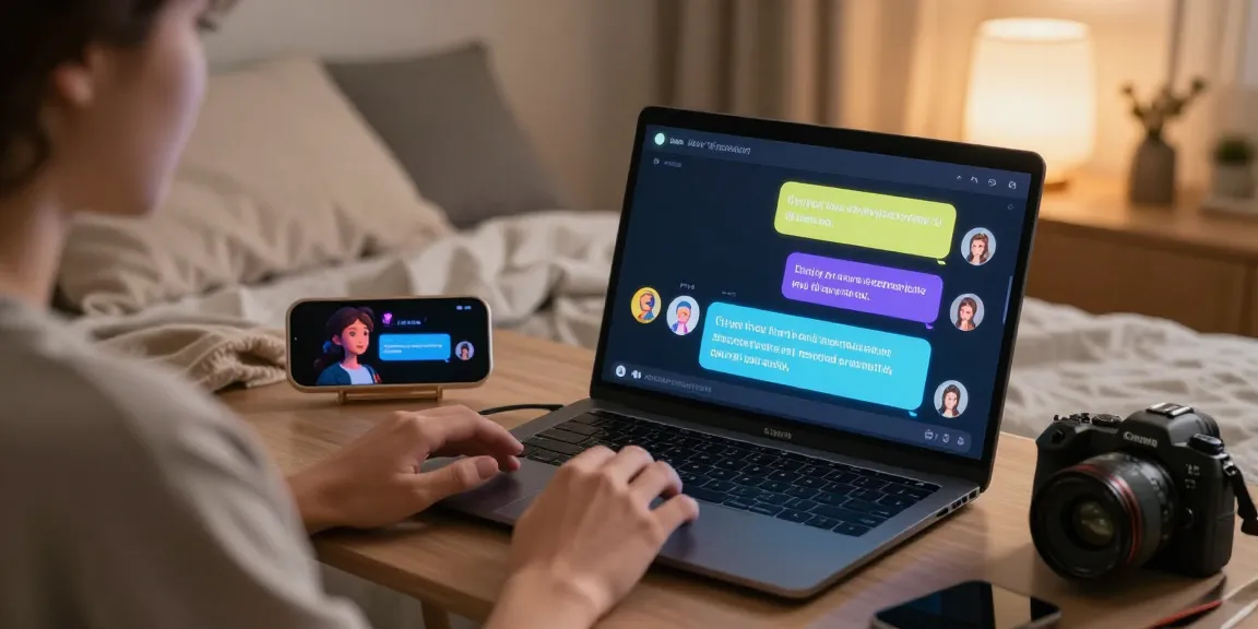 Engaging AI chat porn interaction on laptop in cozy bedroom setting