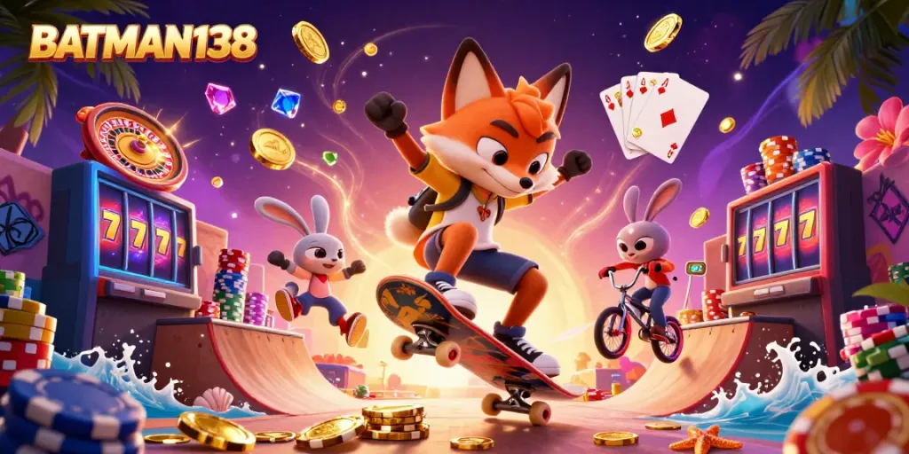 Skater fox BATMAN138 melompat di atas chip poker emas dengan latar belakang simbol kasino.
