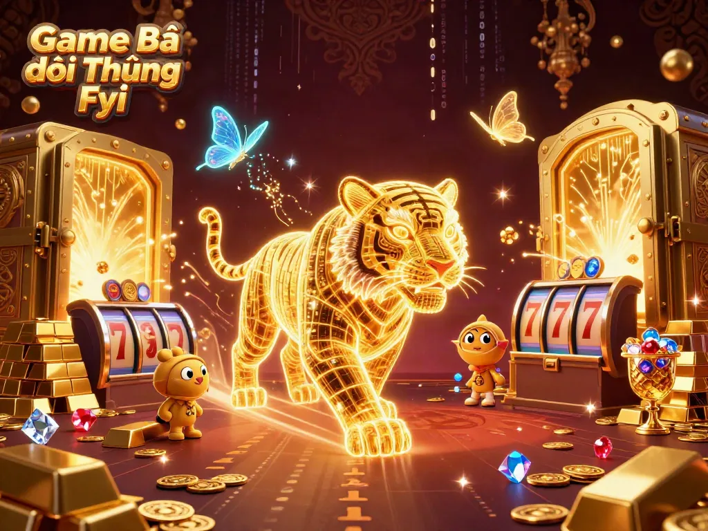 Exciting digital casino scene showcasing Game Bài Đổi Thưởng Fyi with a golden tiger and treasure elements.