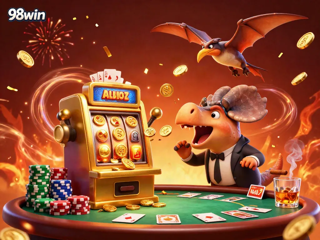 Join the fun at 98win as a pachycephalosaurus triggers slots, amidst a vibrant casino scene.