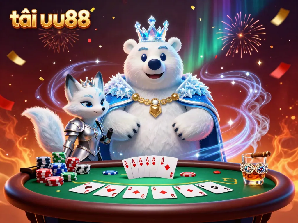 Engage with the fantasy world of tải uu88, featuring an ice king and a snow fox surrounded by a vibrant poker scene.