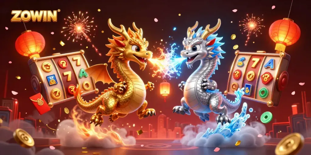 Experience thrilling gaming with ZOWIN's golden and silver dragon duel amidst vibrant casino symbols.