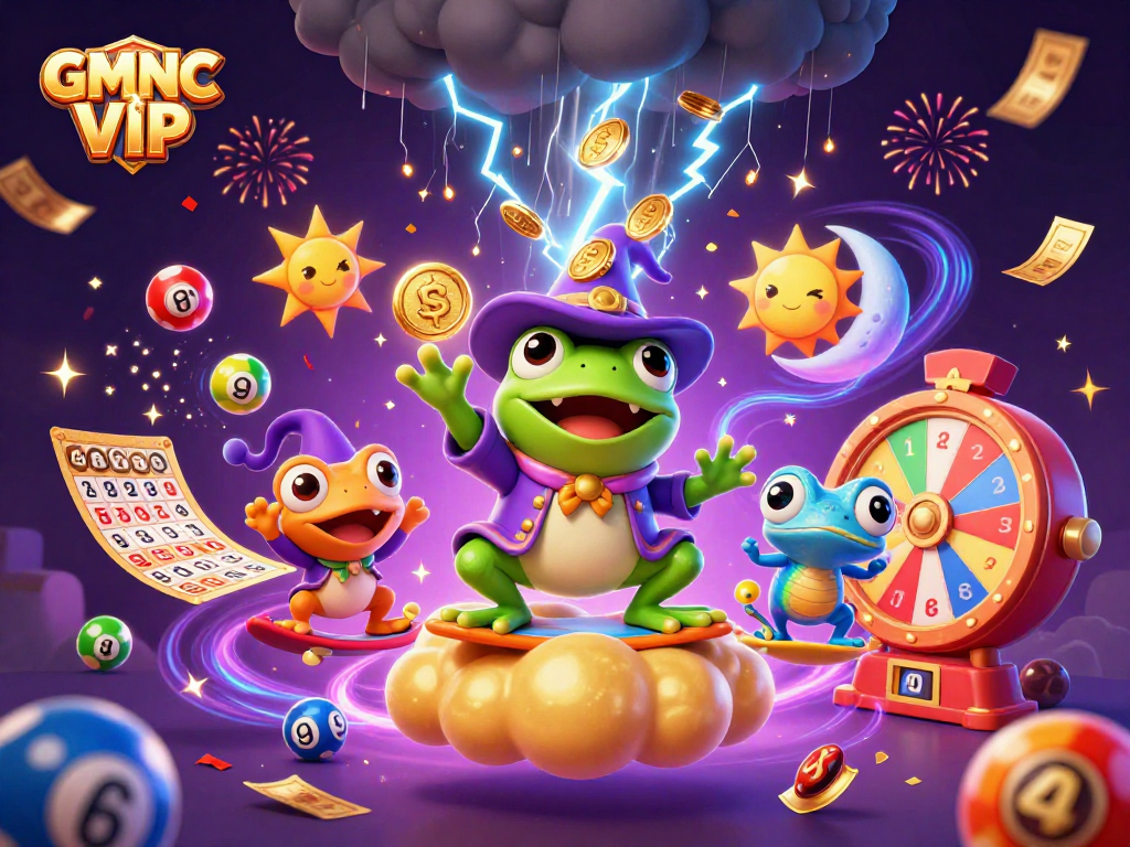Experience the excitement of GMNC VIP with a dynamic casino scene full of colorful elements and vibrant characters.