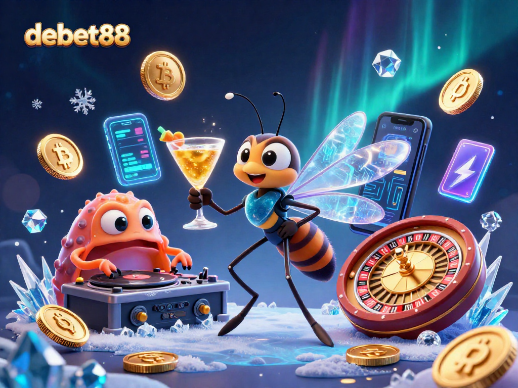 Engage with debet88 at a vibrant casino scene featuring unique characters and crypto elements