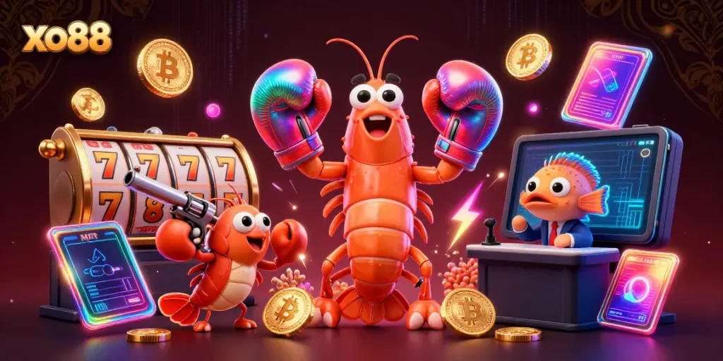 Engage in the vibrant world of xo88 with a dynamic illustration of gambling characters among slot reels and neon coins.