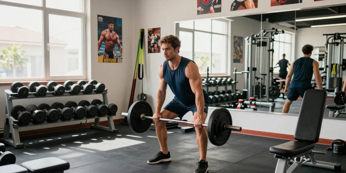 Intensives Workout im Anabolika Shop Fitnessstudio, Mann beim Gewichtheben mit natürlichem Licht und motivierender Atmosphäre.