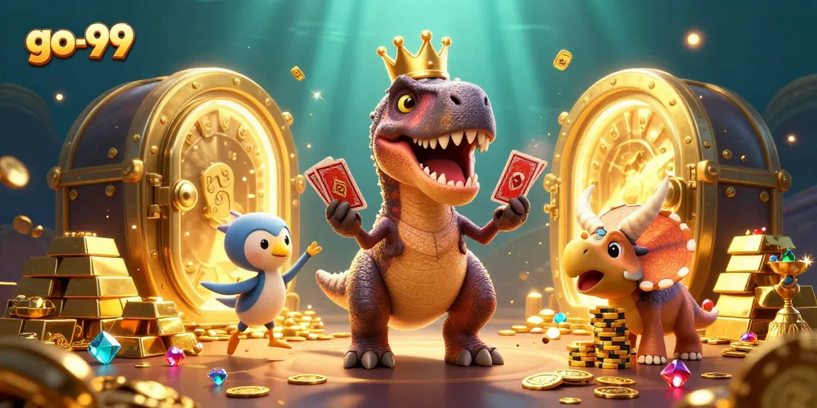 Experience thrilling gameplay with go-99, where a dinosaur-themed casino scene unfolds, featuring card games.