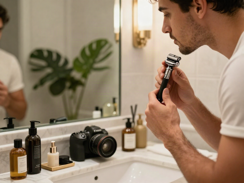 Moderne Rasurszene mit einem Folienrasierer in einem eleganten Badezimmer.