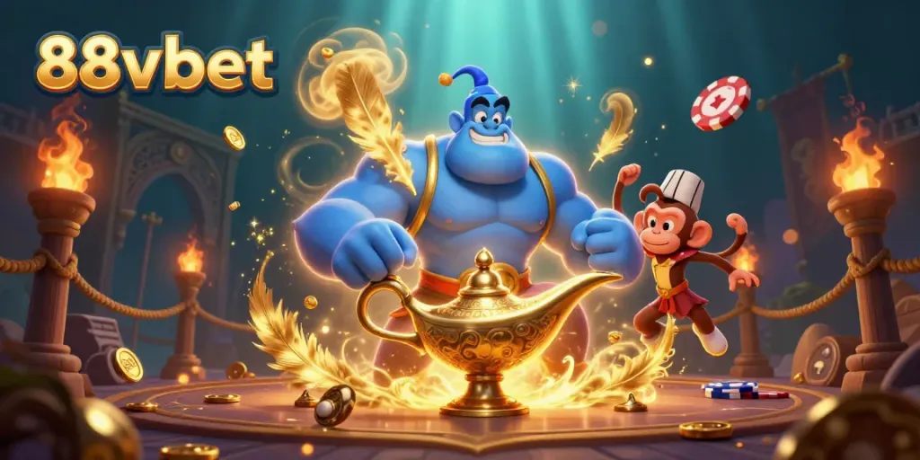 Experience the thrilling world of 88vbet with an animated genie, poker chips, and magical elements.