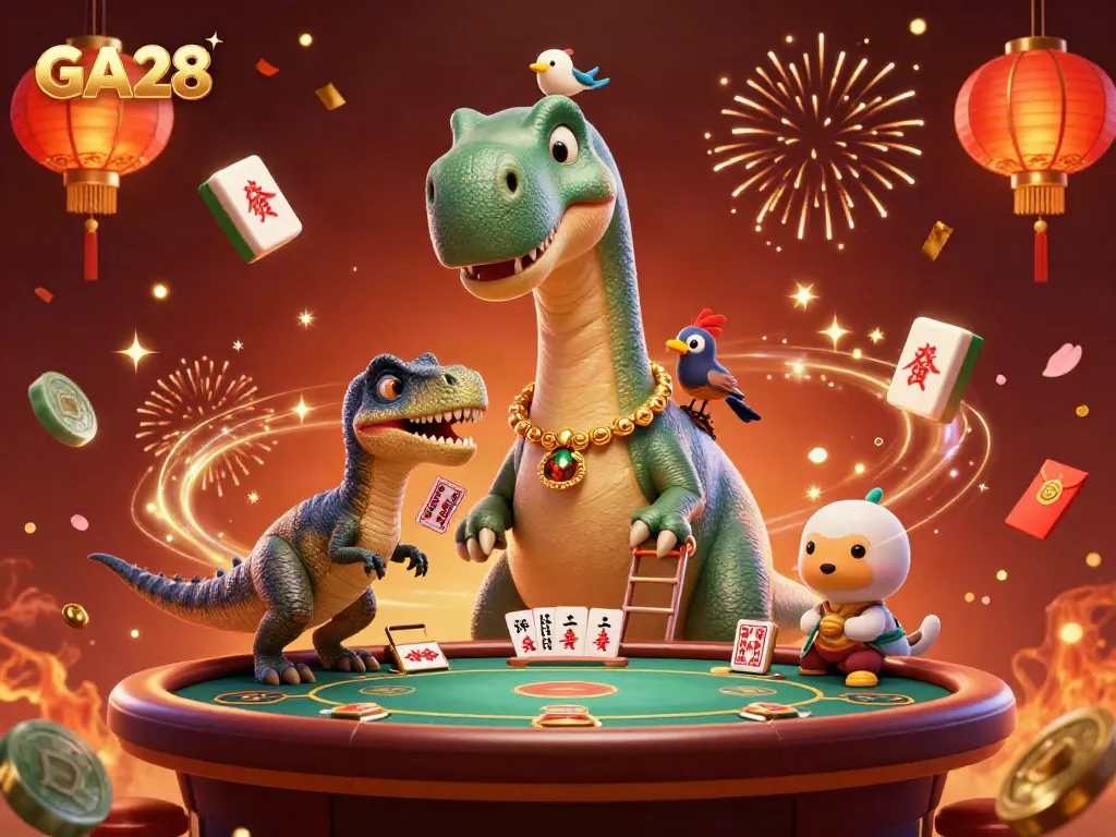 Experience excitement at GA28 with a brontosaurus towering over a lively poker scene surrounded by dynamic casino elements.