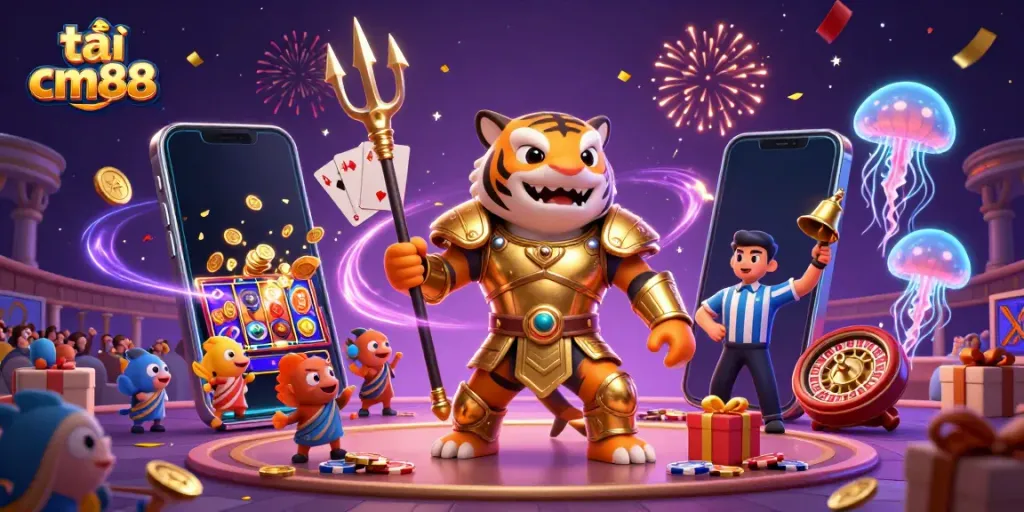 Experience thrilling gameplay with tải cm88, featuring a tiger shark in gladiator armor surrounded by vibrant casino elements.