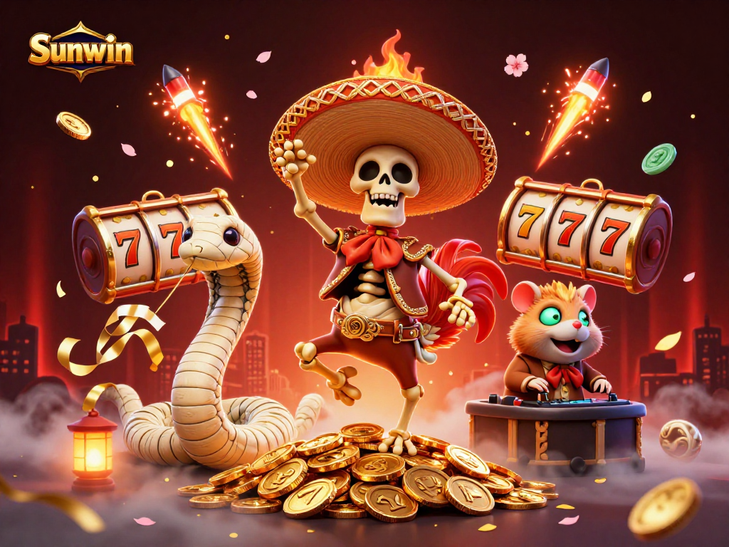 Engage with Sunwin's exciting gameplay through a festive 3D illustration featuring a vibrant casino scene.
