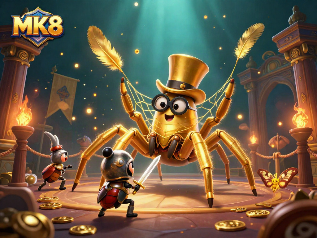 Experience thrilling casino action with MK8 featuring a giant tarantula and beetle knight amidst golden treasures.