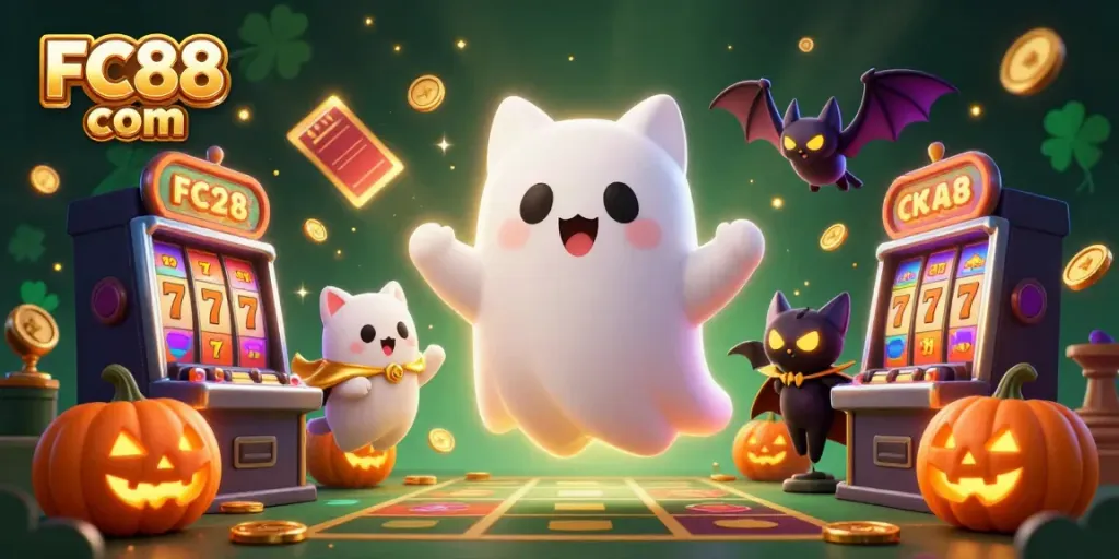 Experience thrilling moments at FC88 com with a ghost cat and vampire bat in a haunted casino.