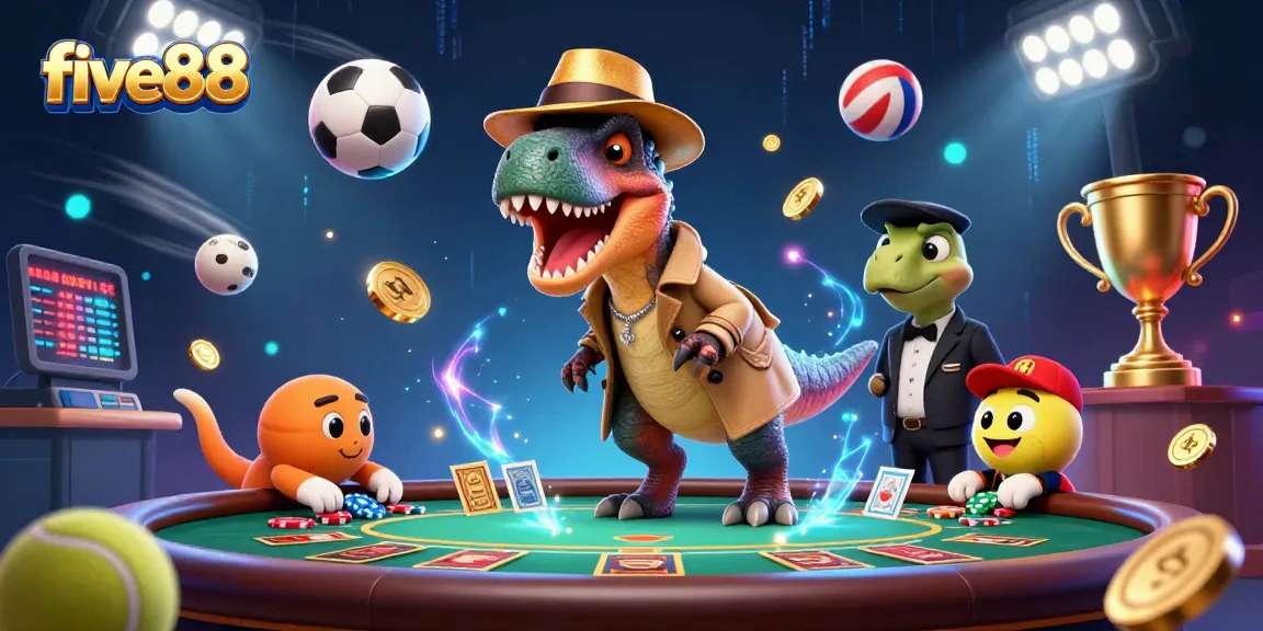 Experience the energy at five88 casino with a velociraptor card counter, a stegosaurus pit boss, and gaming excitement.