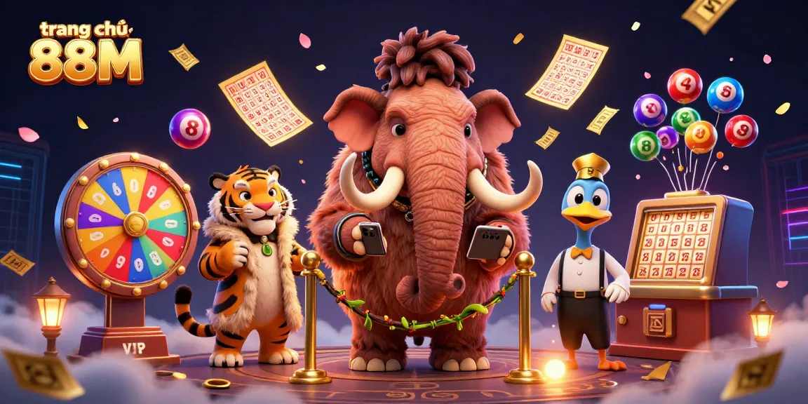 Engage with the vibrant energy of trang chủ 88M, featuring an animated casino scene with a woolly mammoth bouncer and lottery elements.