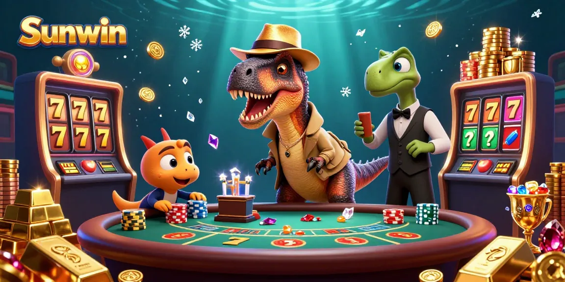Engage with thrilling casino action at Sunwin featuring a velociraptor card counter and a treasure-filled scene.