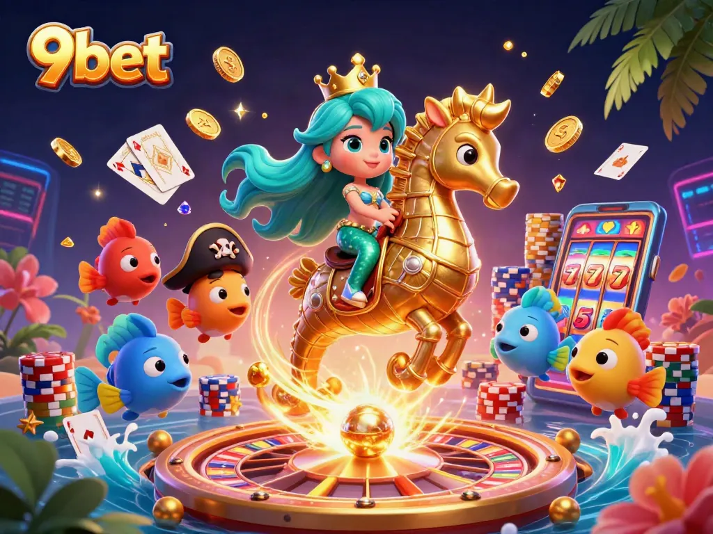 Engage with 9bet's thrilling casino adventures featuring a colorful mermaid, seahorse, and vibrant gaming elements.