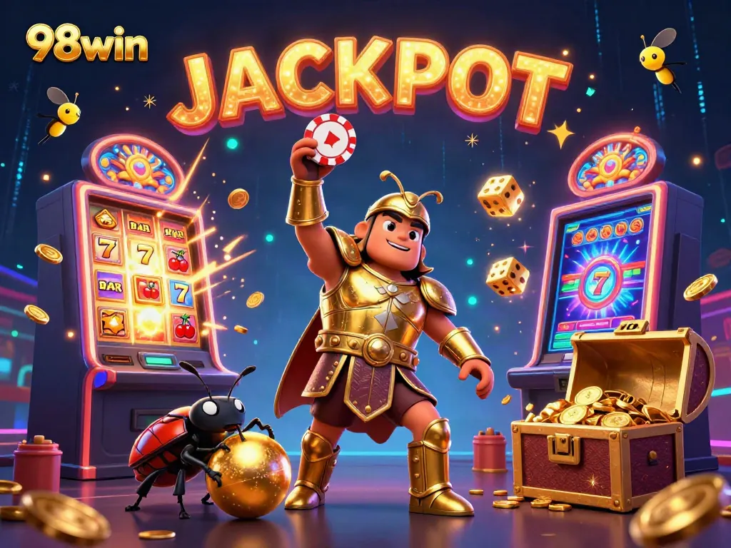 Experience excitement at 98win with a victorious beetle and jackpot elements in this colorful casino illustration.