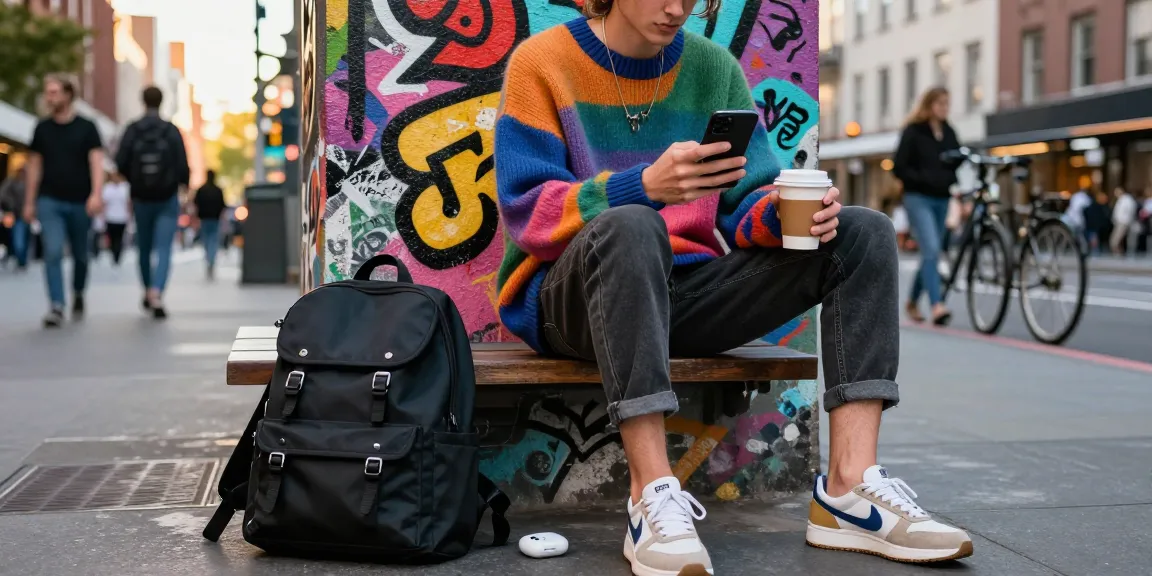 Stylische Person mit Smartphone, Deutsche Instagram Likes kaufen im urbanen Umfeld, lebendige Graffiti-Wände und trendige Kleidung.