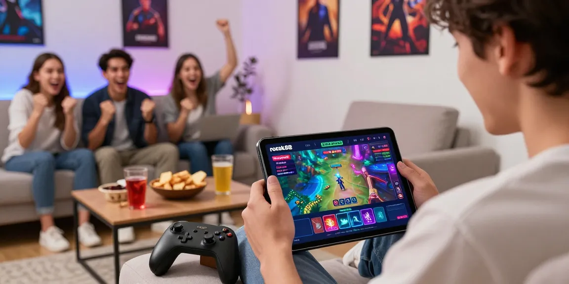 rokok88 daftar gaming experience with a person using a tablet, friends cheering, vibrant graphics
