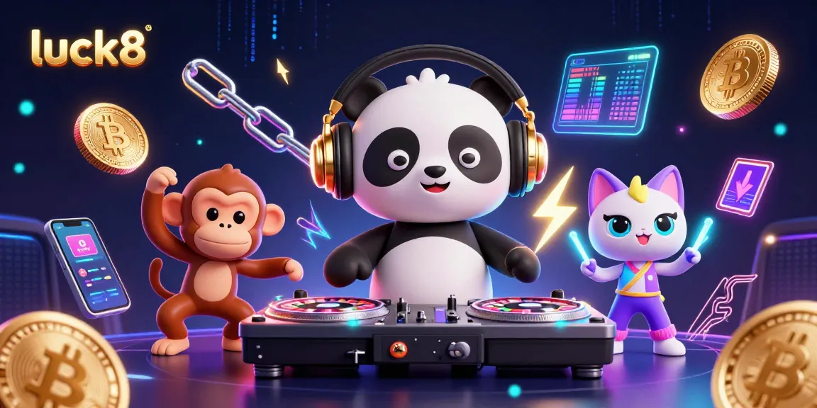 Enter the vibrant world of luck8, where a DJ panda spins roulette wheels amid colorful crypto coins.
