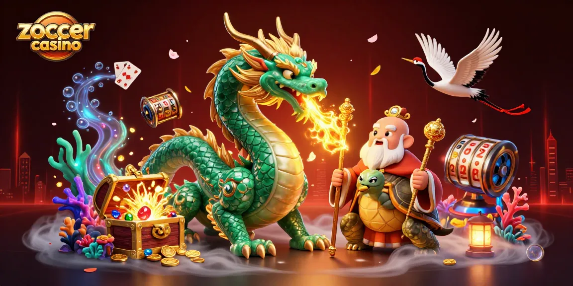 Zoccer casino showcases excitement with an emerald dragon, lucky cranes, and treasure in a vibrant 3D scene.
