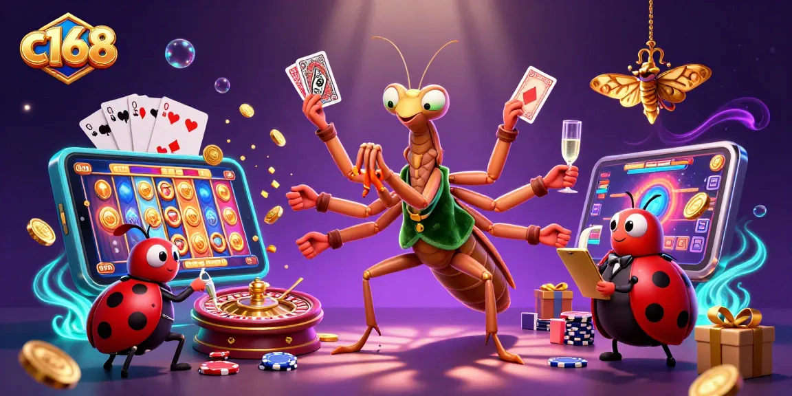 Experience exciting gameplay at c168 as a giant mantis and ladybug create a vibrant casino atmosphere.