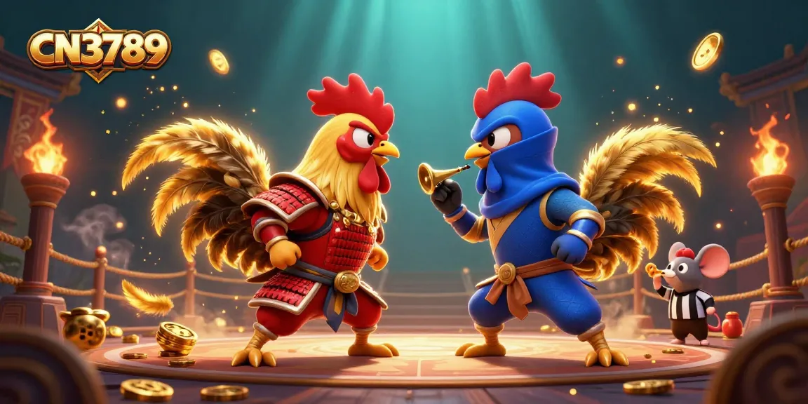 Engage in thrilling encounters with CN3789's vibrant rooster showdown amidst swirling casino elements.