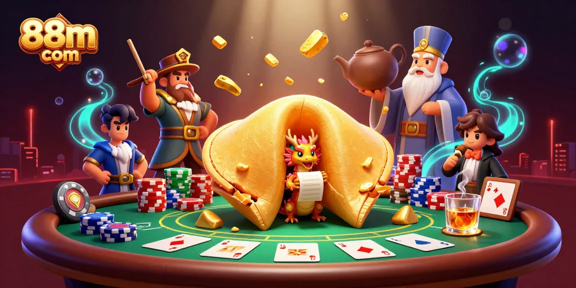 Engage with 88m com's exciting casino scene featuring a fortune cookie and poker elements.