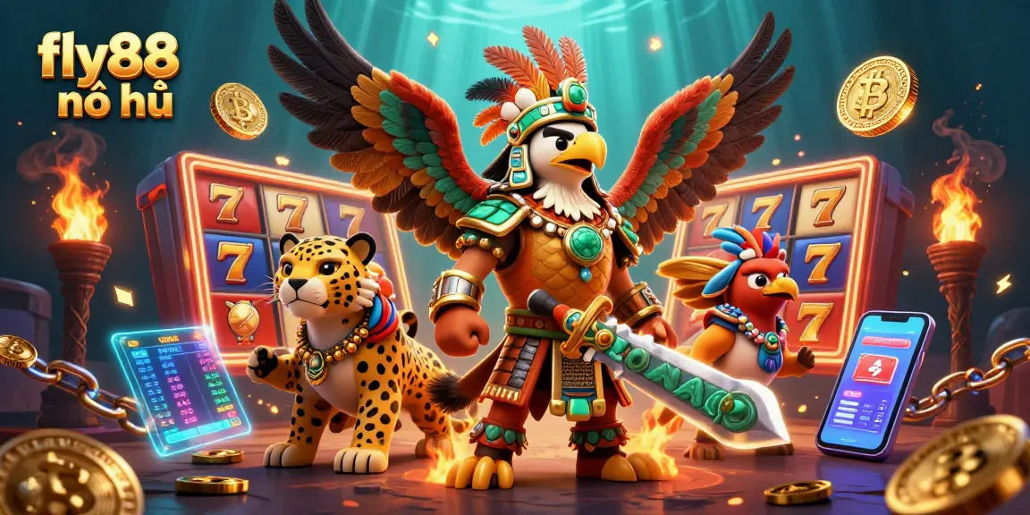 Experience fly88 nổ hũ with an Aztec warrior surrounded by vibrant slot game elements and digital coins.