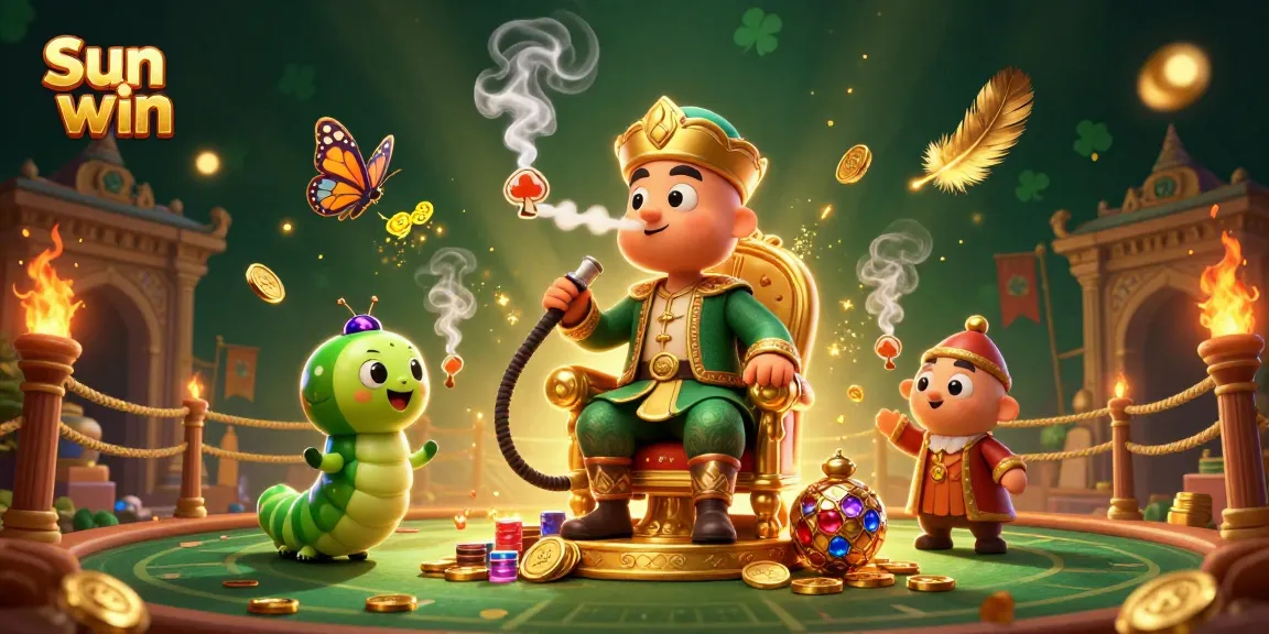 Experience the thrill of Sun win with a vibrant 3D casino scene featuring unique characters blowing poker smoke rings.