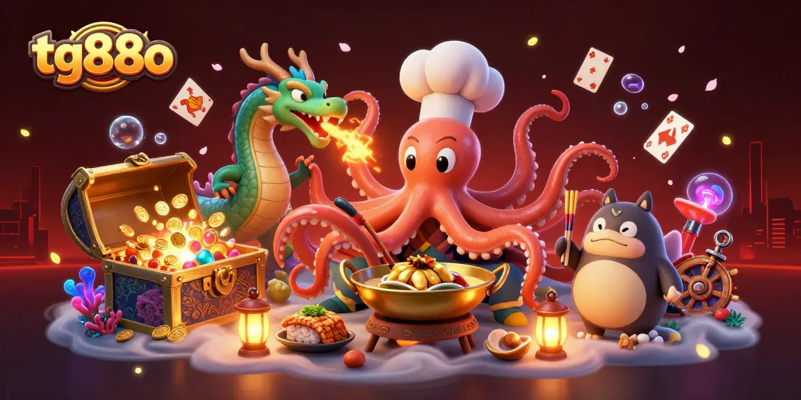 Sushi chef octopus and dragon serve delicious dishes in the tg88o online casino environment.