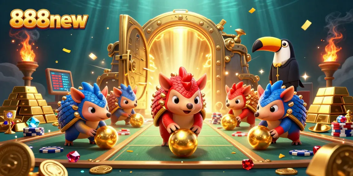Engage with 888new's exciting gaming as pangolins bowl through poker chips in a vibrant casino scene.