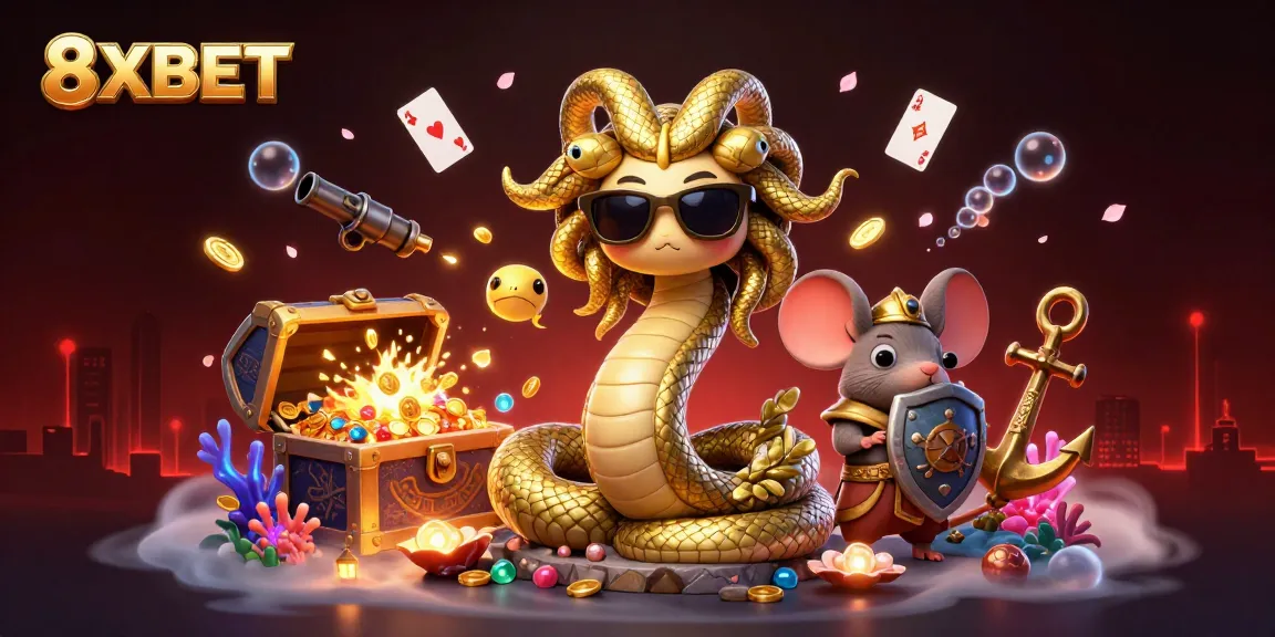 Win big with 8XBET: Join the adventure in this vibrant casino-themed illustration!