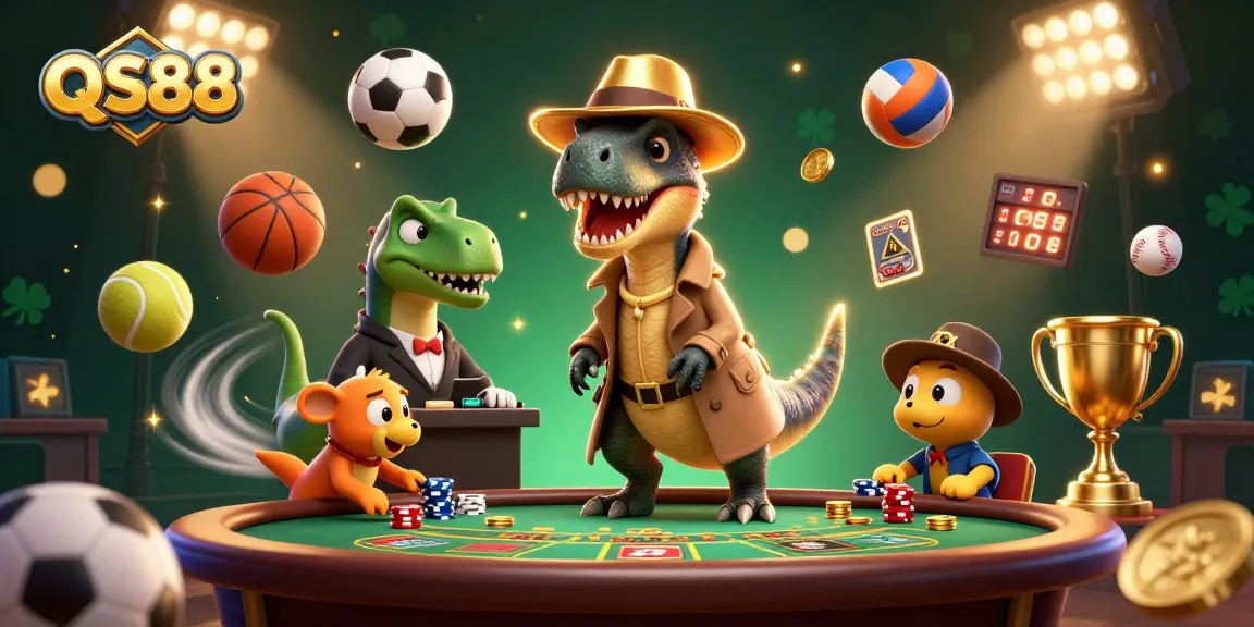 QS88 showcases a clever velociraptor card counter amidst casino action, capturing thrilling moments.