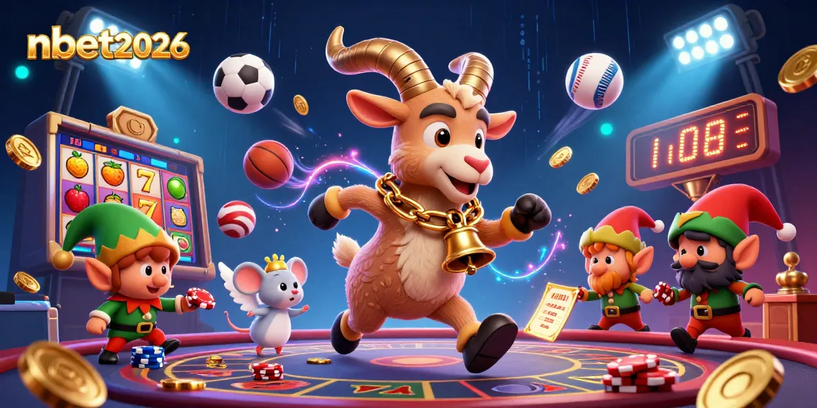 Engage with nbet2026's vibrant casino scene featuring Krampus and festive characters indulging in gaming excitement.