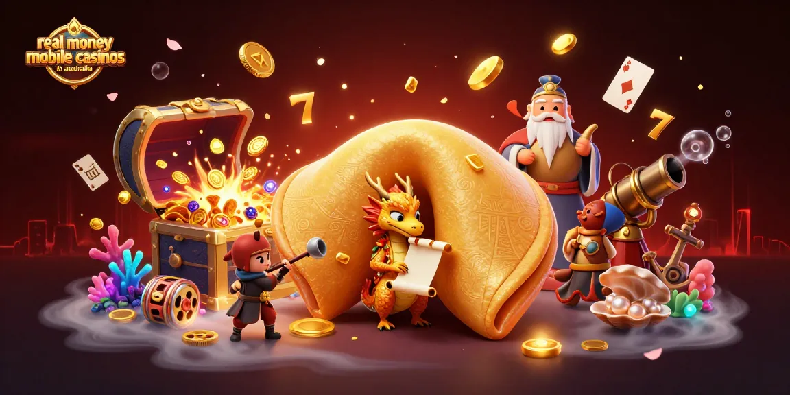 Spin big at real money mobile casinos in Australia with a vibrant 3D gaming illustration featuring dragons and slot elements.