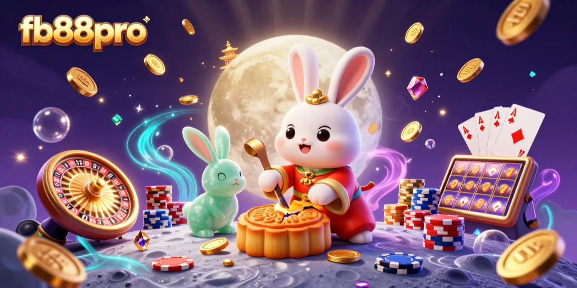 Engage with fb88pro's thrilling casino experience as a moon rabbit reveals poker chips from mooncakes.