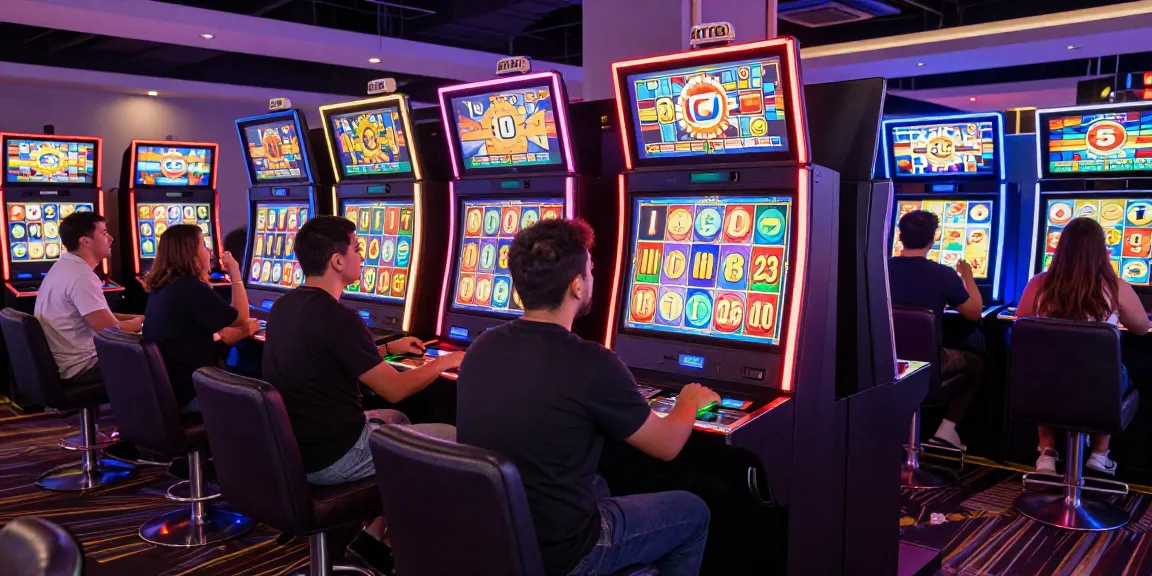 Peserta sedang bermain di KIWTOTO dengan mesin slot berwarna-warni dan suasana kasino yang hidup, menggambarkan keseruan permainan.