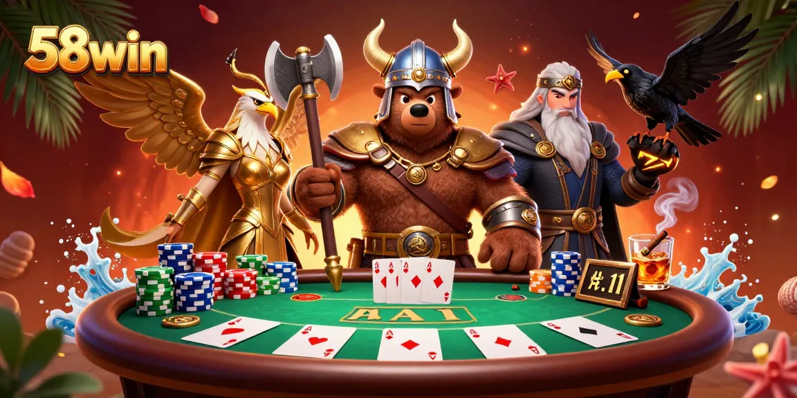 Experience the excitement of 58win with a Viking theme, poker chips, and dynamic characters in a vibrant casino illustration.
