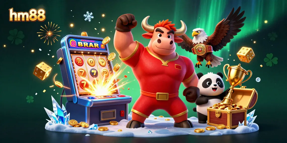 Win at hm88 with exciting 3D casino elements featuring a victorious bull mascot celebrating with a trophy.