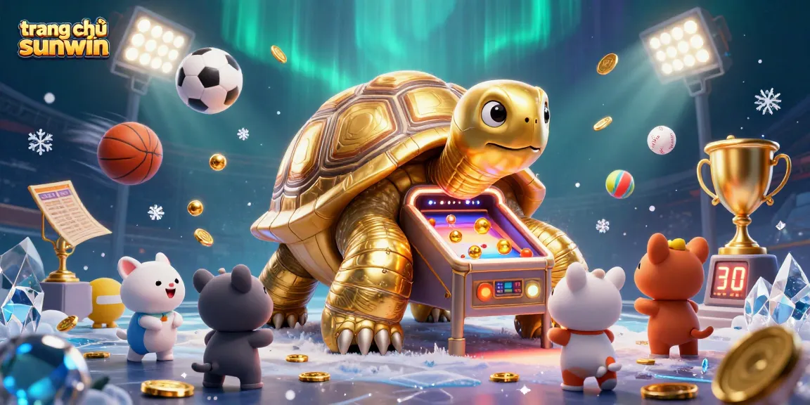 Experience the excitement of trang chủ sunwin with a golden tortoise pinball machine in a vibrant casino scene.